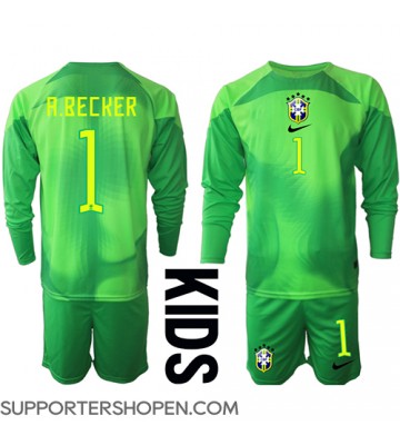 Brasilien Alisson Becker #1 Målvakt Bortatröja Barn VM 2022 Långärmad (+ korta byxor)